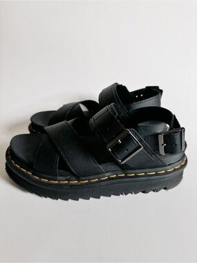Dr. Martens Black Leather Lug-Sole Sandals with Yellow Stitching
